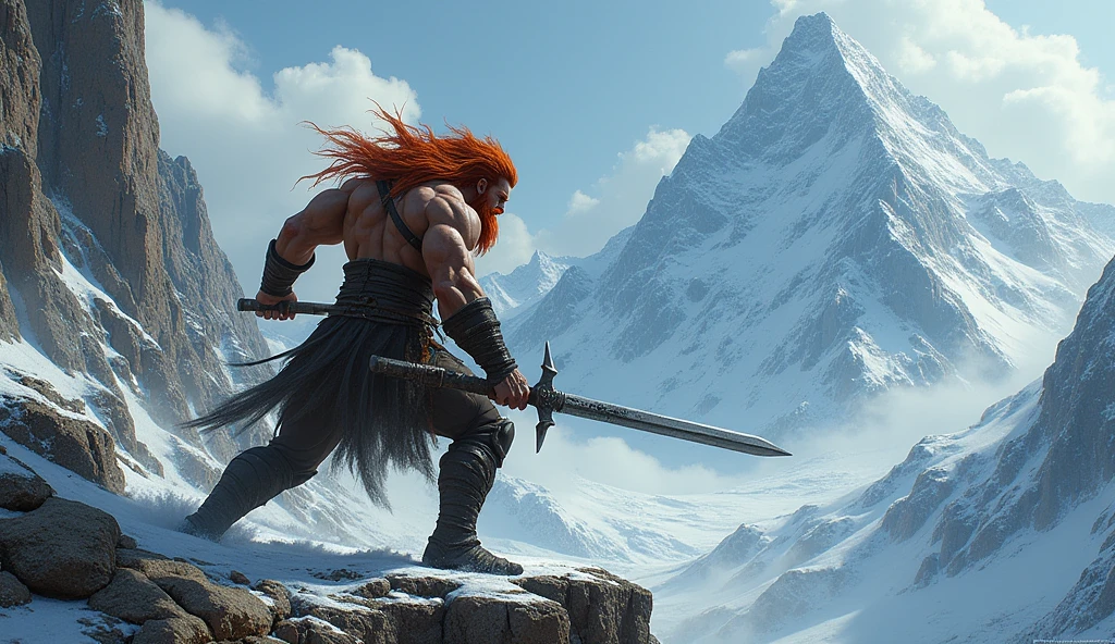 male warrior with red hair and beard fighting in battles in the mountains