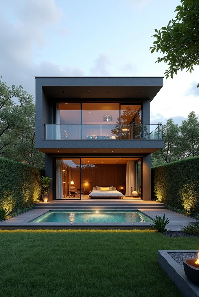 The project of a house on a 420 square meter plot. Two-story house, 4 bedrooms. Grassy backyard with jacuzzi and garden, Gourmet area with barbecue and table to receive friends. Lighting in the garden and green area with hanging plants.