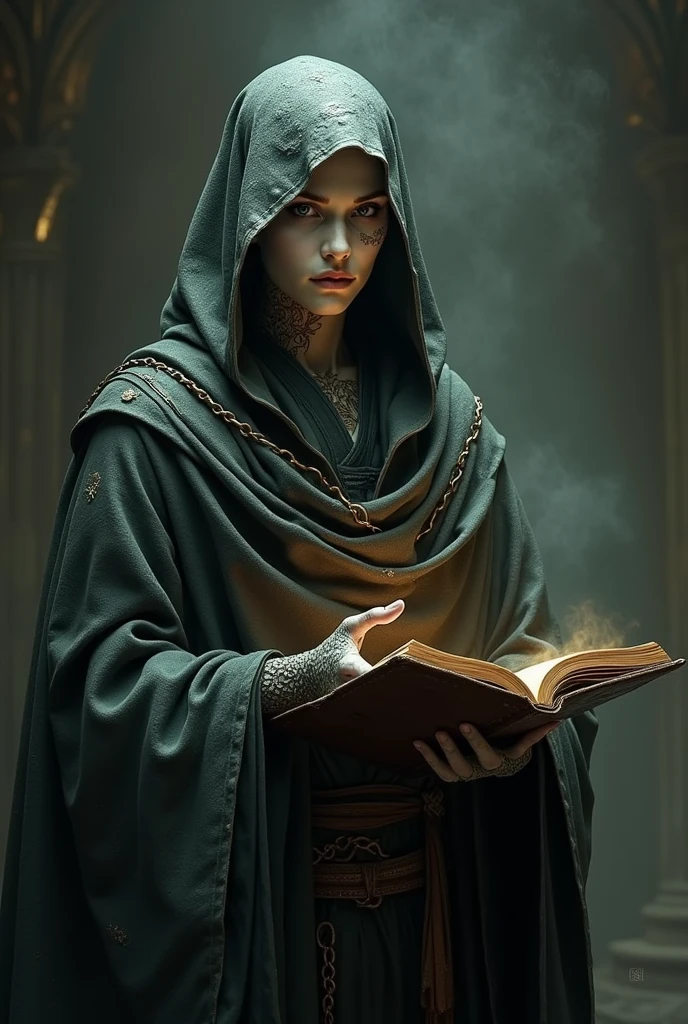 Pure-blood Yuan-ti mage who looks very similar to ordinary humans, he carries a grimoire of spells and wears a robe, He has slitted snake eyes and snake scales on his neck and hands.