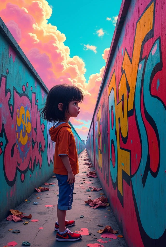 (highest quality), masterpiece, Extremely detailed CG8K painting, high collar, Extremely high collar saturation, all colors become darker, painting, graffiti art, center composition, Highly detailed light and shadow, graffiti wall, the walls are painted in bright colors, One girl's graffiti One girl is looking at the wall, The face and eyes are very detailed., medium length hair, sportswear, colorful clouds