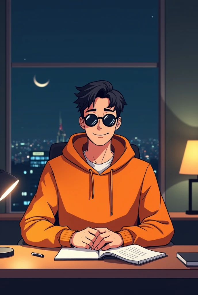 ANIME FRIENDLY LOOKING MALE BUSINESS CHARACTER, A ORANGE HOODIE AND SUNGLASSES. HE IS SITTING BEHIND HIS LAPTOP IN HIS OFFICE, ARMS ON HIS DESK. IT IS NIGHT. THE ROOM HAS VOLUMETRIC
LIGHTING. HE IS FRONT FACING TO THE CAMERA, LOOKING STRAICHT AND CENTERED, CENTRAL PORTRAIT, SITTING STRAIGHT, FRONT VIEW, CENTERED LOOKING STRAIGHT. THE OVERALL AMBIANCE OF THE IMAGE SHOULD CONVEY A CONNECTION TO MINIMALISM, FLAT ILLUSTRATION, BOLD LINE, MINIMALISM, SIMPLIFIED, GOUACHE ILLUSTRATION. 8K RESOLUTION con el fondo llamativo del cuarto y un crofono al costado