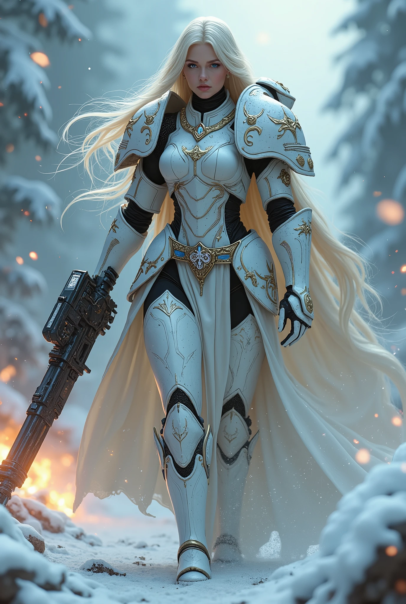 a beautiful woman with long platinum blonde hair, porcelain skin, ice blue eyes, sexy sisters of battle from the warhammer 40k, shooting at the enemy, rwhite space marine armor with intricate details, religous symbols on the armor, sisters of battle, warhammer 40k, Massive silicone breast, pale skin, seductive, temptation, eat your soul, clevage, , standing in a magical winter wonderland with snow-covered trees and frozen lakes, intricate ice crystals and snowflakes surrounding her, (best quality,4k,8k,highres,masterpiece:1.2),ultra-detailed,(realistic,photorealistic,photo-realistic:1.37),fantasy,digital art,cinematic lighting, highly detailed armor, intricate futuristic weaponry, gritty and realistic, mecha, science fiction, hyper-detailed, photorealistic, award winning digital art, 8k, HDR, masters work, in the middle of a battle field, full body combat action pose, explosions and fire around, full war, stunning, Stilleto heels, high heels, full body pose, cinematic, dust and debree, combat screams, attacking, shooting at the enemy, sisters of battle, warhammer 40kdramatic color palette,frozen landscape,ice powers,snow queen