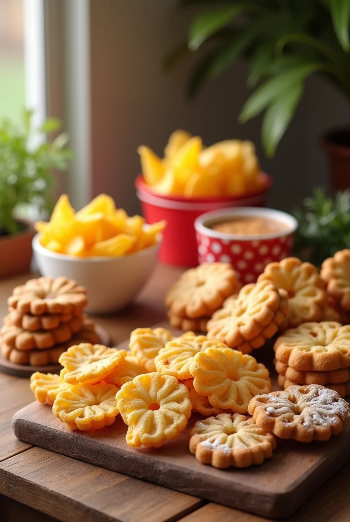 bag of chips, sweet cookies and other snacks on a wooden table