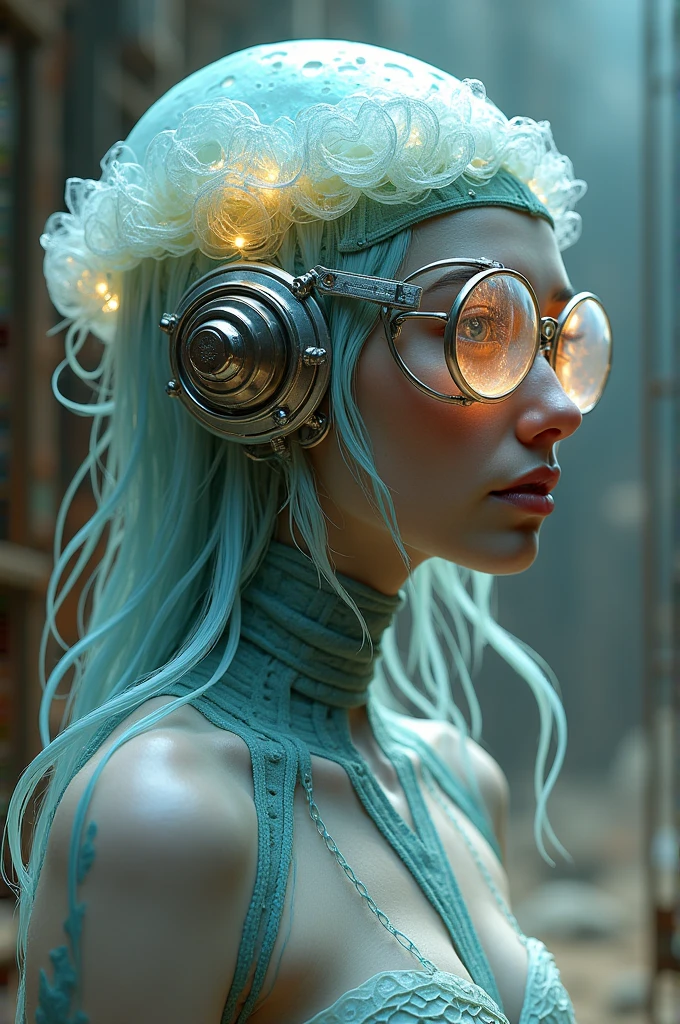 Ethereal Cyborg Woman, bioluminescent jellyfish tiara. Steampunk goggles merge with translucent tentacles. Cracked porcelain skin meets iridescent scales. Mechanical implants and delicate tendrils intertwine. Human characteristics with an otherworldly glow. Dreamy aquatic tones contrast with aged metal. Reflective eyes capture invisible worlds. Gentle bioluminescence meets a harsh desert landscape. Fusion of organic and synthetic, ancient and futuristic. Hyper-detailed textures, surreal atmosphere.