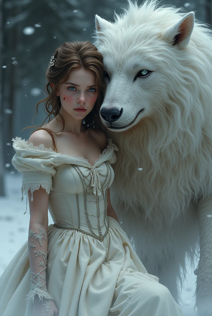 One with brown eyes, brown hair. She is a royalty from the 1800s. she's a princess. And on a certain day, she was hurt and injured, with his clothes torn. And next to her, there was a snow beast (white with sharp, white eyes) and hairy hairs