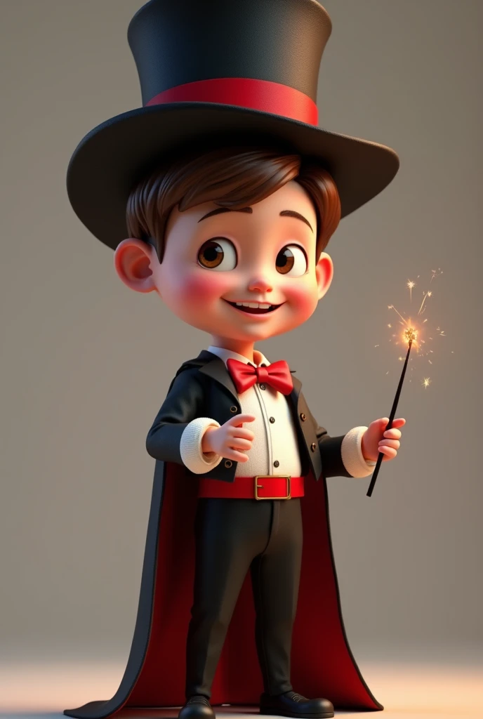 (boy with asymmetrical face, eyes and brown hair), he is dressed as a magician with: black pants, red bow tie, black cape, white shirt with a red band on his stomach, black magician's top hat on his head with a red band (smiling and with a magic wand in hand), developer, facing us, 3d rendering, pixar style, (detailed digital art), stylized 3d rendering, c4d, (full height), high quality, composition, masterpiece, art station, background solid