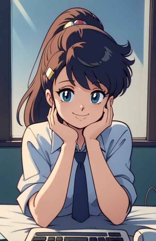 masterpiece, Highest quality, Twitch-chan, Hair Clip, hair ornaments, Collared shirt, No sleeve, tie, gloves, sitting behind a desk, View your viewers, smile, wave hands, bedroom, bed, computer mouse, keyboard 