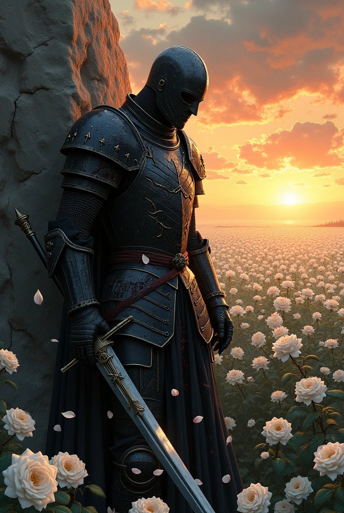 Here is a more detailed description:
Imagine a knight in black armor, decorated with intricate white details that glow softly in the evening light. The armor, although imposing, It is broken and stained with blood. Several arrows are embedded in his chest and abdomen., with dark blood flowing through the cracks in the armor.
The knight is leaning against a large, rough rock, His strength fading as his life slowly slips away. Around it, a vast field of white roses, Its soft petals contrast with the hardness of the armor and the brutality of the scene.. The knight holds his sword firmly, which is partially nailed into the ground next to it. his eyes, although weak, are fixed on the horizon, where a red sunset floods the sky with fiery hues, symbolizing the end of his battle and his life.
The clouds in the sky seem to reflect the knight's inner storm., and the wind blows gently, moving the rose petals around her. The scene is a portrait of sacrifice, courage, and the melancholy of the inevitable end.