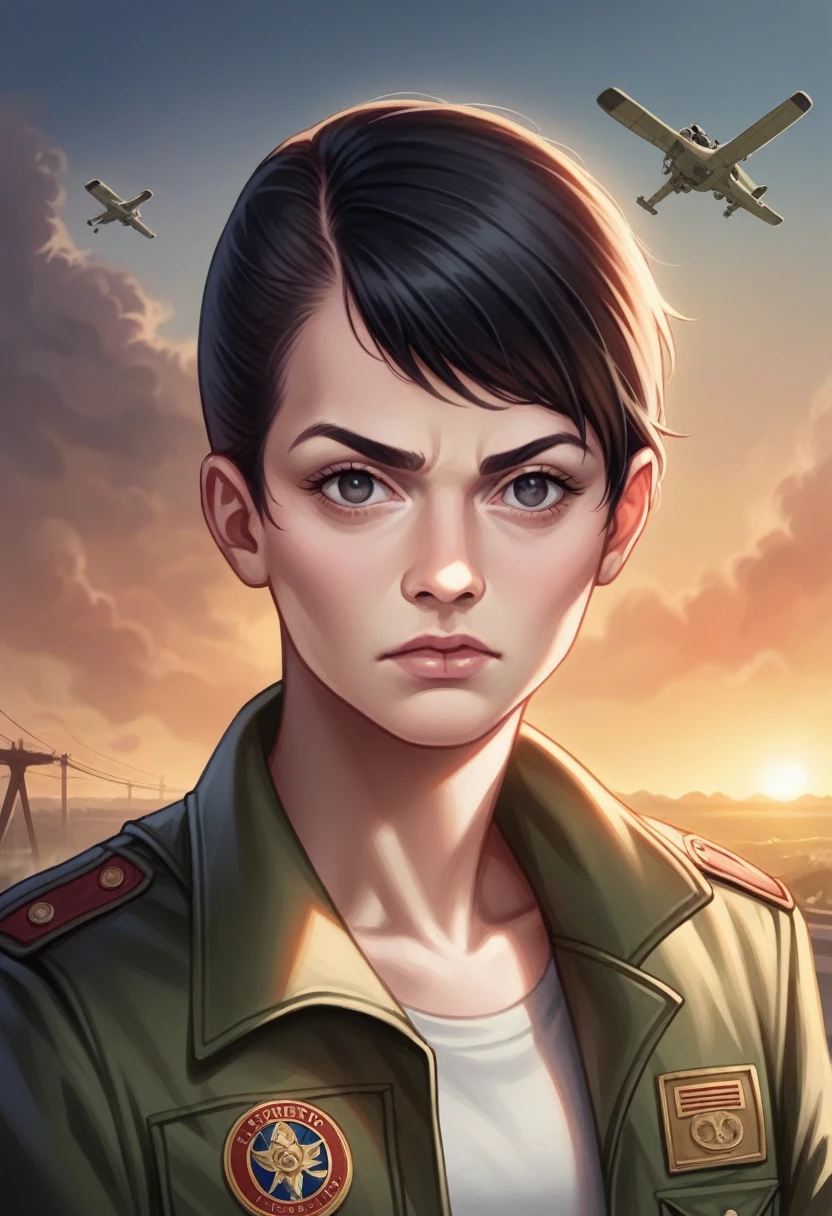 Photorealistic picture of Emma Mackey, exactly like Emma Mackey, full figure, looking directly at the viewer, wide jaw, strong chin, closeup, close-up, with light makeup, detailed eyes, black hair cut in a 'bob' style, hair framing face, serious expression, watchful, one eyebrow raised, standing beside Chinook military helicopter, ruined street, dramatic lighting, smoke, sunset, red keffiyeh, scruffy leather flying jacket, equipment belt and holster, highly detailed natural texture, master piece, absurdes, extremely detailed, astonishing, fine detail, couleurs riches, Hyper realistic texture, dramatic lighting