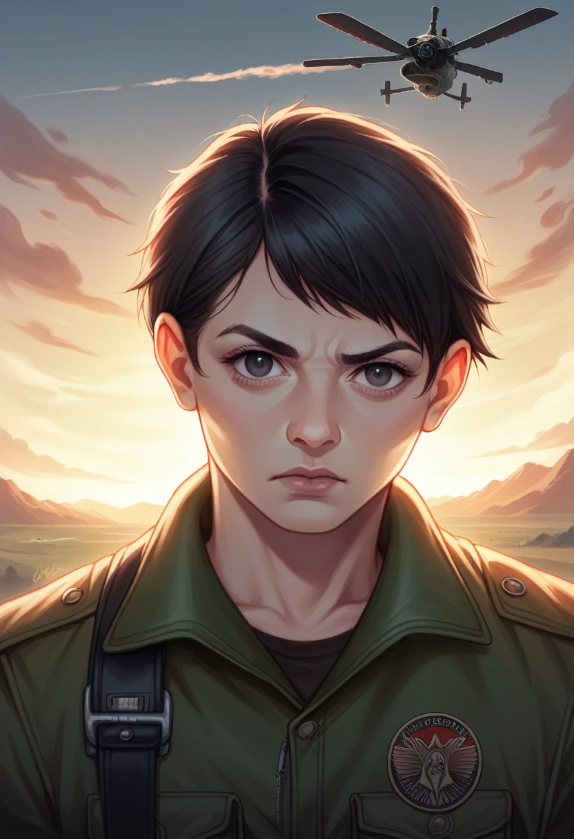 Photorealistic picture of Emma Mackey, exactly like Emma Mackey, full figure, looking directly at the viewer, wide jaw, strong chin, closeup, close-up, with light makeup, detailed eyes, black hair cut in a 'bob' style, hair framing face, serious expression, watchful, one eyebrow raised, standing beside Chinook military helicopter, ruined street, dramatic lighting, smoke, sunset, red keffiyeh, scruffy leather flying jacket, equipment belt and holster, highly detailed natural texture, master piece, absurdes, extremely detailed, astonishing, fine detail, couleurs riches, Hyper realistic texture, dramatic lighting
