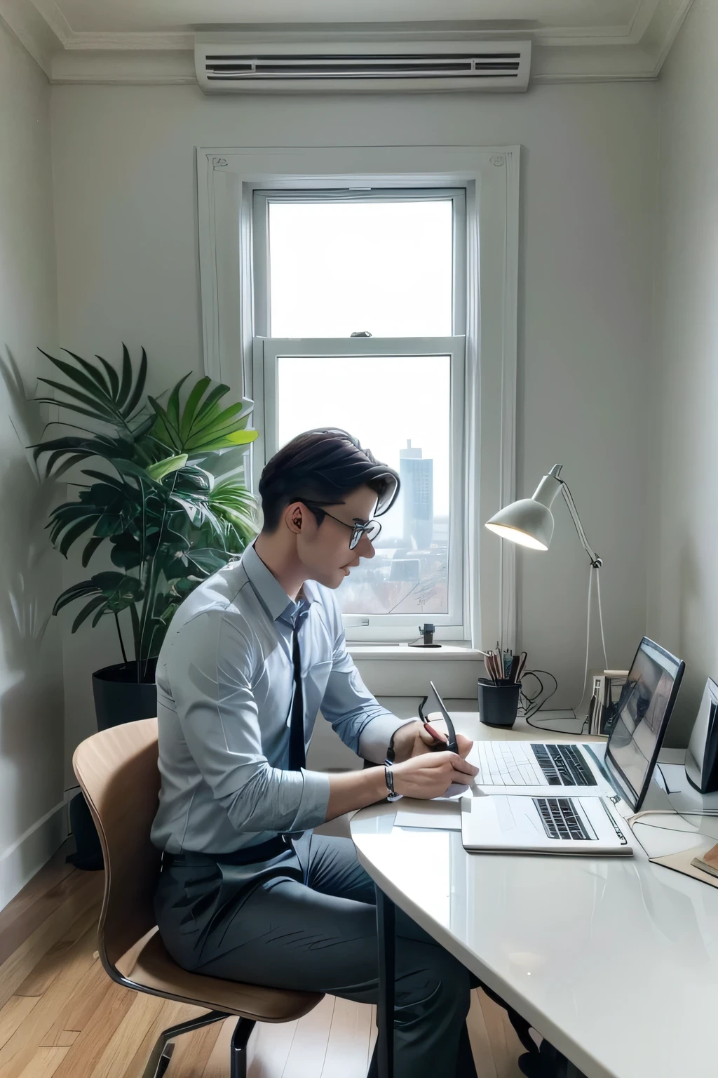 [visual: Larry reviewing his schedule in a sleek, modern setting] enviroment: A modern and elegant office. The walls are a neutral tone (cinza claro ou offwhite). The floor is light wood or a marble finish. There is a large window overlooking a city, letting natural light in.

Furniture: A minimalist office desk in light wood or glass. over the table, there is a modern laptop, some organized papers, a fancy pen and a cup of coffee or tea.

Larry: A stylized man, professional looking. He wears a dark suit or collared shirt with well-fitted pants., with a modern and clean look. Larry is sitting at the table, with a tablet or diary in hand, looking closely at the schedule or plan you are reviewing.

Additional Detail: A small, elegant plant in a pot on the table or in the background. Maybe some subtle decorative elements, like a modern table lamp or a minimalist painting on the wall.

Colors and Style: Use a neutral, sophisticated color palette, like gray, offwhite, and light blue. The overall style is modern and professional., with clean lines and a tidy look.