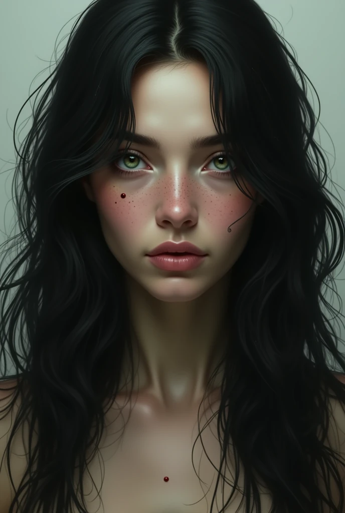 Woman with long black wavy hair, with freckles, green eyes and a small scar on her lip