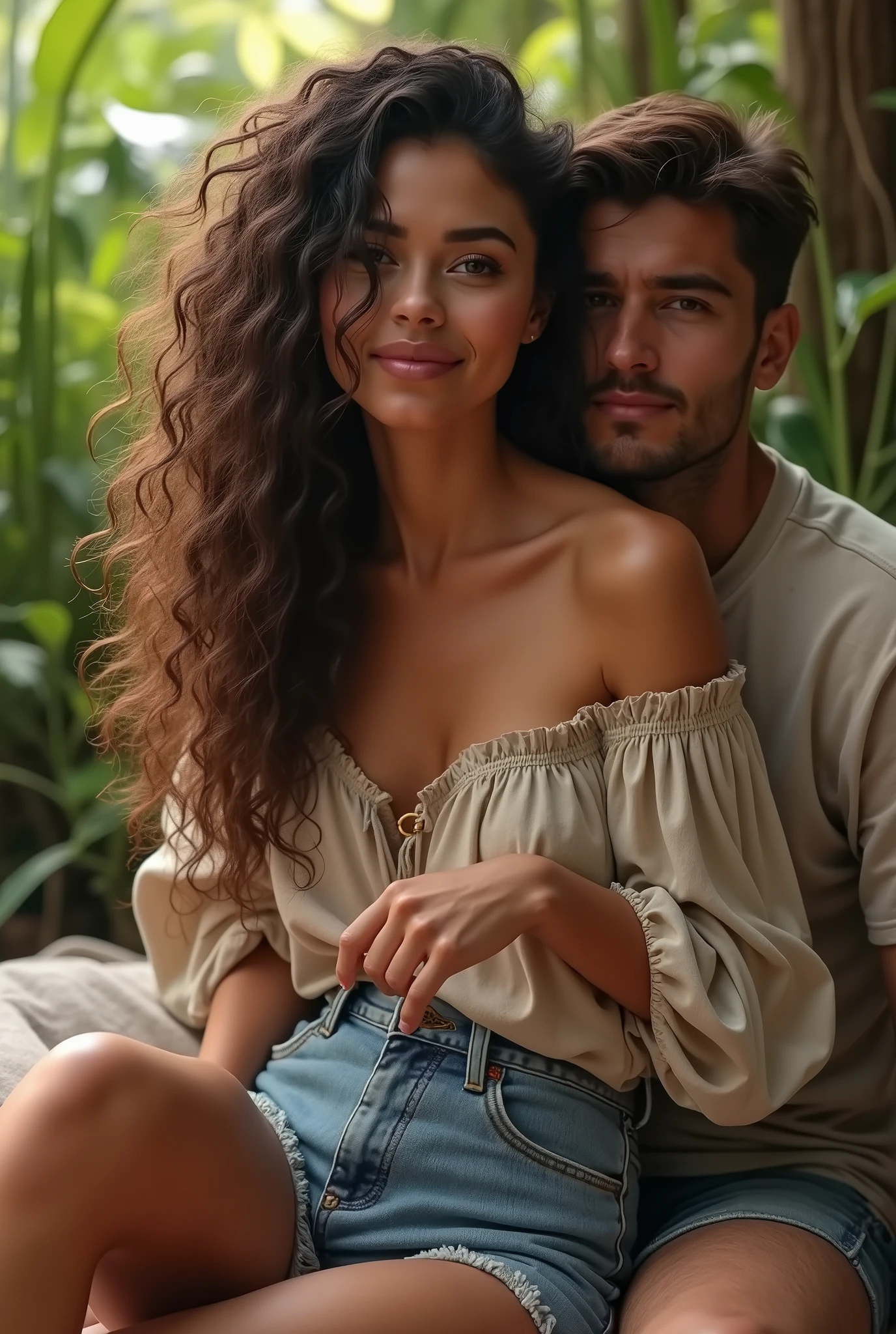 (photorealism:1.2), beautiful woman, sitting on game table with her Boy Friend, wearing loose off-shoulder top, short jeans long curly hair, outdoor, soft lighting, plants in background, relaxed pose, realistic, intricate details, warm colors