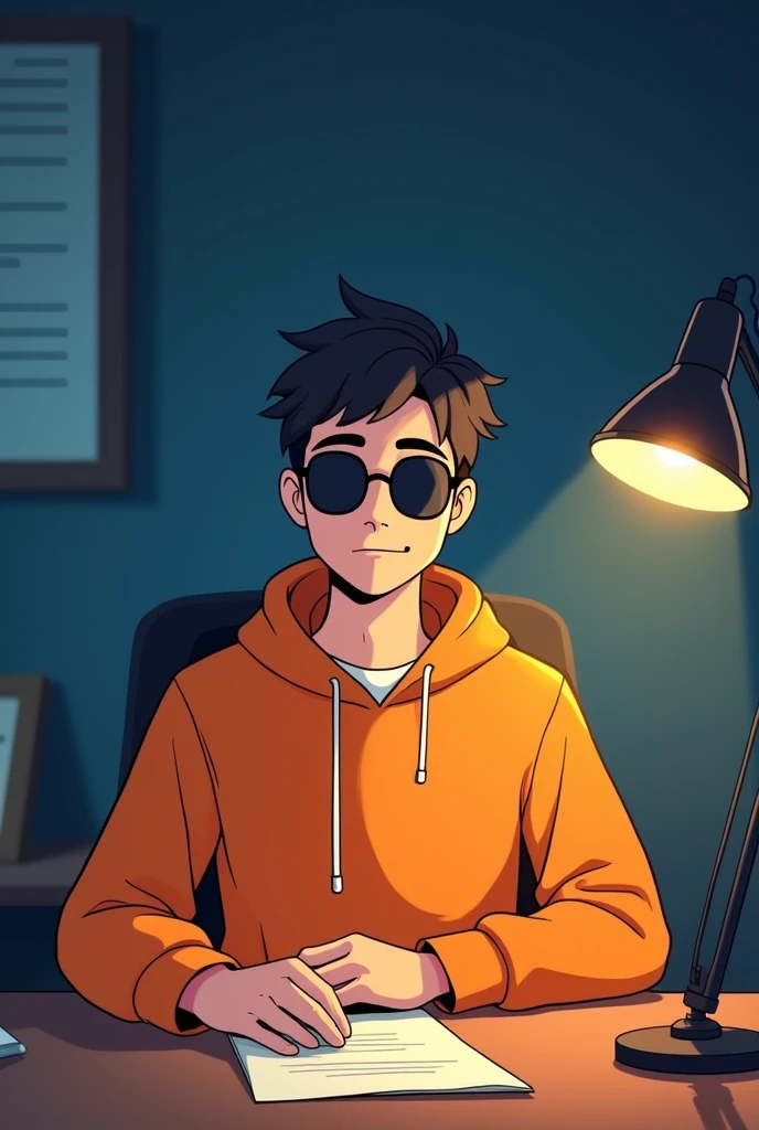 ANIME FRIENDLY LOOKING MALE BUSINESS CHARACTER, A ORANGE HOODIE AND SUNGLASSES. HE IS SITTING BEHIND HIS LAPTOP IN HIS OFFICE, ARMS ON HIS DESK. IT IS NIGHT. THE ROOM HAS VOLUMETRIC
LIGHTING. HE IS FRONT FACING TO THE CAMERA, LOOKING STRAICHT AND CENTERED, CENTRAL PORTRAIT, SITTING STRAIGHT, FRONT VIEW, CENTERED LOOKING STRAIGHT. THE OVERALL AMBIANCE OF THE IMAGE SHOULD CONVEY A CONNECTION TO MINIMALISM, FLAT ILLUSTRATION, BOLD LINE, MINIMALISM, SIMPLIFIED, GOUACHE ILLUSTRATION. 8K RESOLUTION con el fondo llamativo del cuarto y un crofono al costado