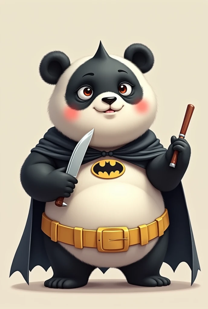 A cute chubby panda dressed as Batman with a small knife 