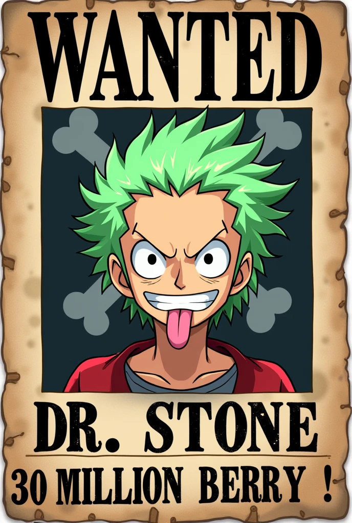 Senku Ishigami, One Piece wanted poster, sticking out tongue, with the full name of Senku Ishigami, and 30 million Berries for his head
