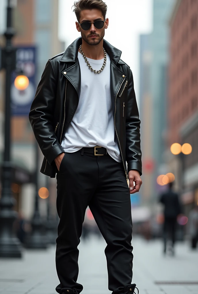 *he was wearing white a bit lose Tshirt, black pants  with belt and a leather jacket and black shoes and a chain necklace*
