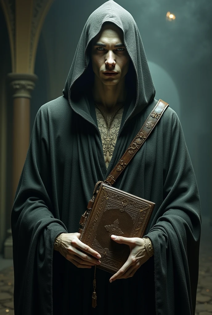 Pure-blood Yuan-ti mage who looks very similar to ordinary humans, he carries a grimoire of spells and wears a robe, He has slitted snake eyes and snake scales on his neck and hands.