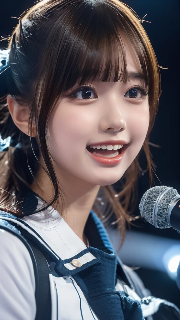 ((masterpiece, Highest quality, High resolution)), Japanese high school girl、(Realistic: 1.4), With a smile、Blushing、Open your mouth wide、Great face,Glossy lips、, ponytail、(Beautiful Hair:1.5),Idol Costume、Beautiful legs、On a packed stage、Sing with a microphone、Gazing at the audience、Front angle, Smooth, Highly detailed CG composite 8K wallpaper, High resolutionのRAWカラー写真, Professional photography, Light, BackLight, impressive, Written boundary depth, (Face close-up:1.5)