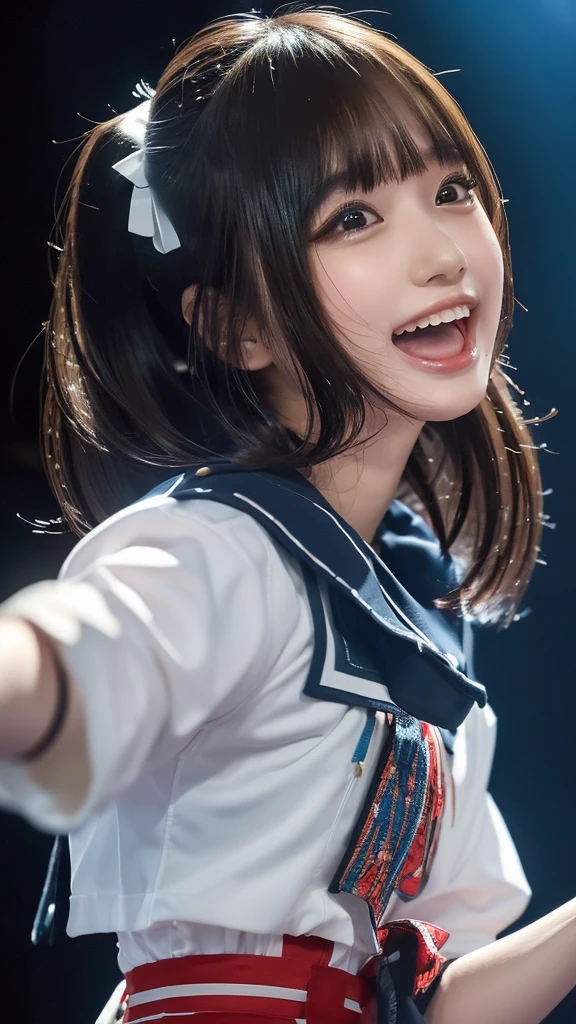 ((masterpiece, Highest quality, High resolution)), Japanese high school girl、(Realistic: 1.4), With a smile、Blushing、Open your mouth wide、Great face,Glossy lips、, ponytail、(Beautiful Hair:1.5),Idol Costume、Beautiful legs、On a packed stage、Sing with a microphone、Gazing at the audience、Front angle, Smooth, Highly detailed CG composite 8K wallpaper, High resolutionのRAWカラー写真, Professional photography, Light, BackLight, impressive, Written boundary depth, (Face close-up:1.5)