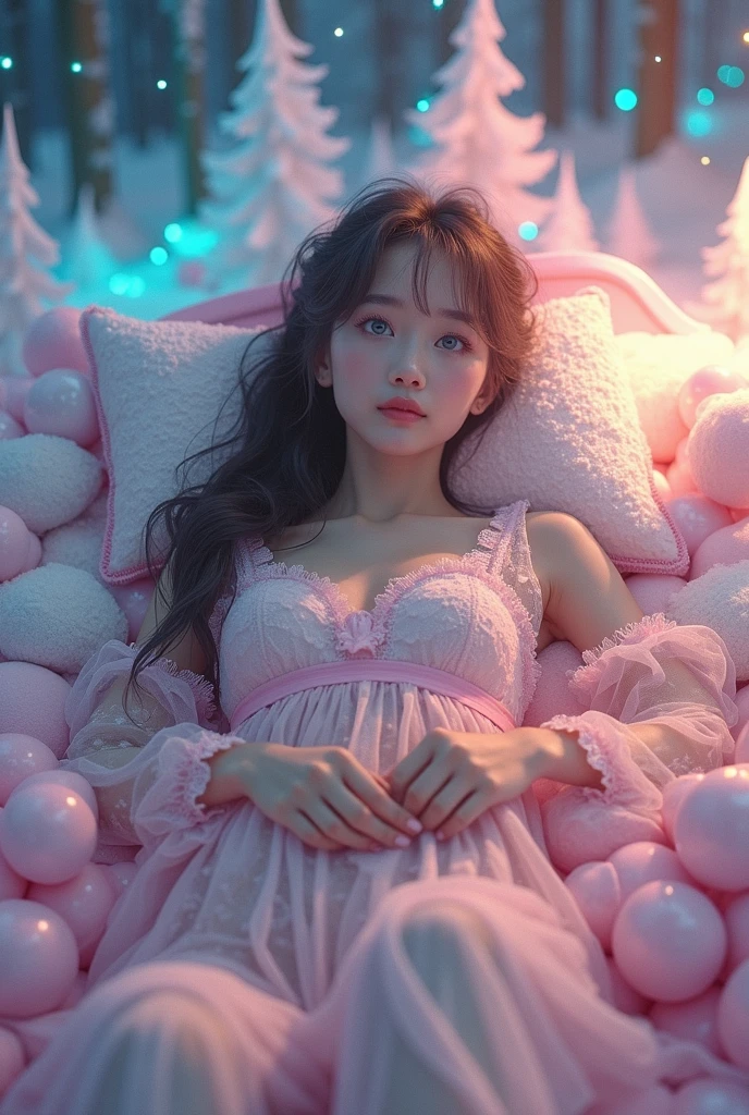 Transparent lace pajamas，blue eyes，beautiful eyes，Japanese cute and super beautiful woman、Barbie Dream Bed，Lying in bed、(Fluorescent Color:1.4)、(translucent:1.4)、(Retro filter:1.4)、(fantasy:1.4)、Candy world Disney fantasy fluffy soft scenery forest snow avatar pink sky green blue glow dreamy lights soft soft glow rainbow stars diamond glitter gem background surreal ultra hd movie lighting huge details full hd full light、
