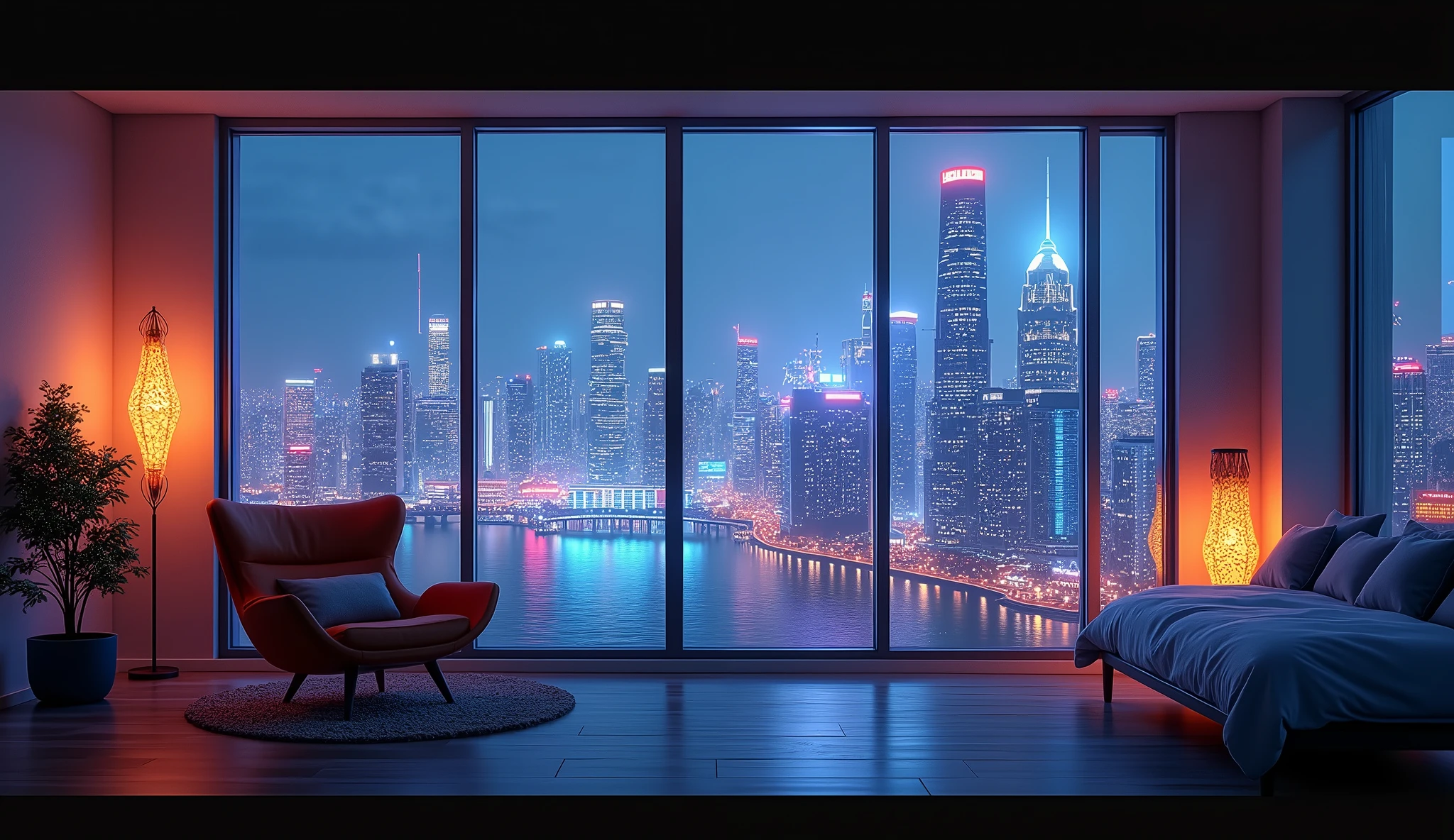 arafed view of a city from a window with a chair and a lamp, skyline showing from the windows, cityscape in the window, window and city background, super wide view of a cityscape, overlooking a modern city, neon cityscape background, big open floor 8 k, neon lights in background, many large windows, 4 k cinematic panoramic view, with glowing windows