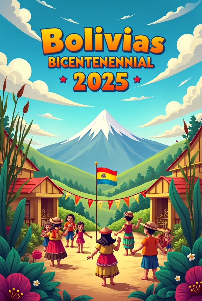 Generate a cartoon-style cover for a story titled A Journey to the Future of Bolivia, which is about Bolivia turning 200 years old in 2025, The cover must have graphic elements related to Bolivia, For example, it must have the flag of Bolivia., hills, vegetation, etc