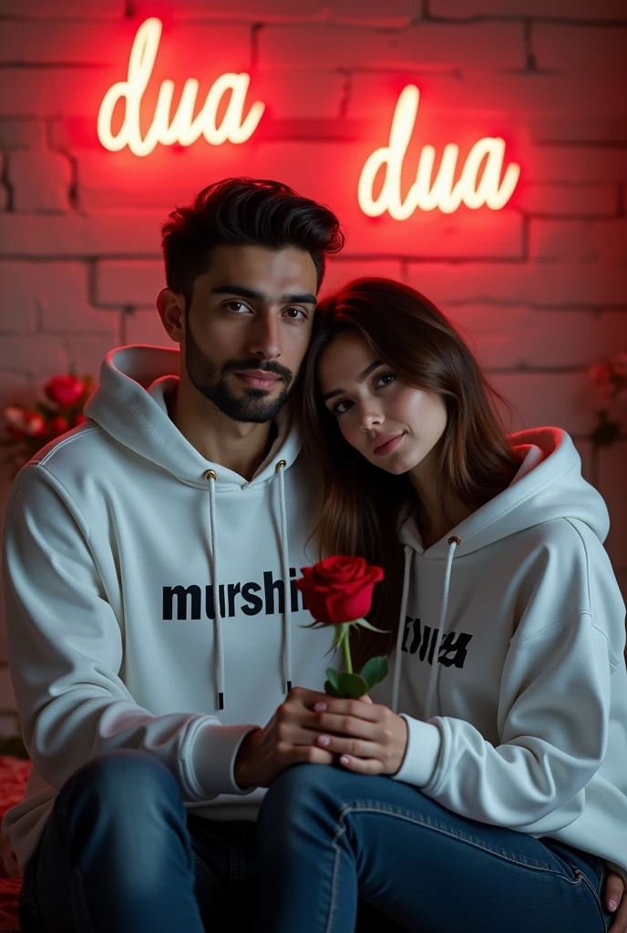 A 4k quality highly detailed Realistic portrait  Handsome 28 year slim smart , guy  White Hoodie with 30 year beautiful women in a White Hoodie, the girl has a red rose flower in her hand and is sitting on down floor, with romantic mode, no smile, written "Murshid" in the boy hoodie and "Dua" in girl's hoodie, and back wall say Murshid ishaq with Dua in neon lights 