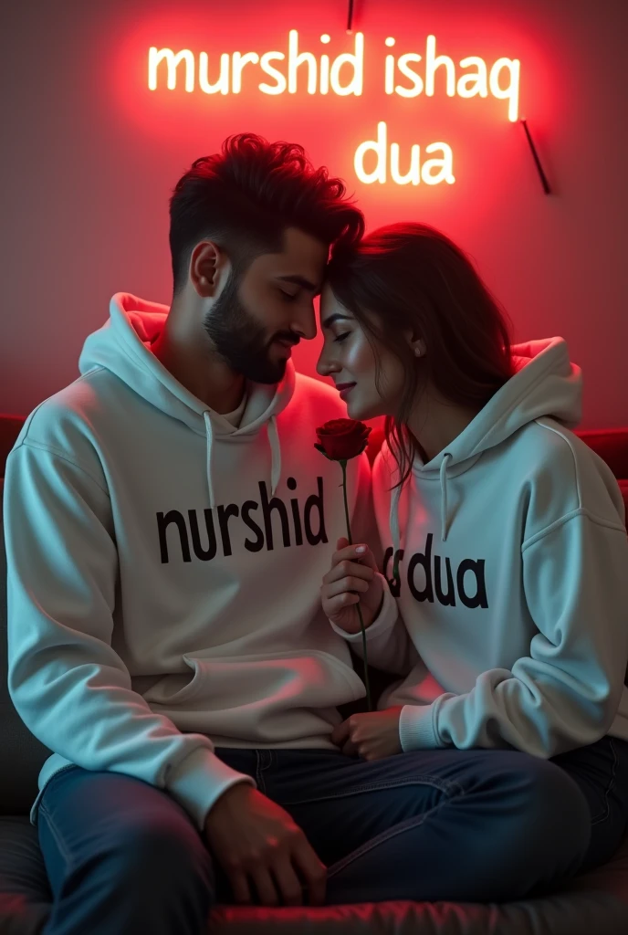 A 4k quality highly detailed Realistic portrait Handsome 28 year slim smart , guy White Hoodie with 30 year beautiful women in a White Hoodie, the girl has a red rose flower in her hand and is sitting on down floor, with romantic mode, no smile, written "Murshid" in the boy hoodie and "Dua" in girl's hoodie, and back wall say Murshid ishaq with Dua in neon lights