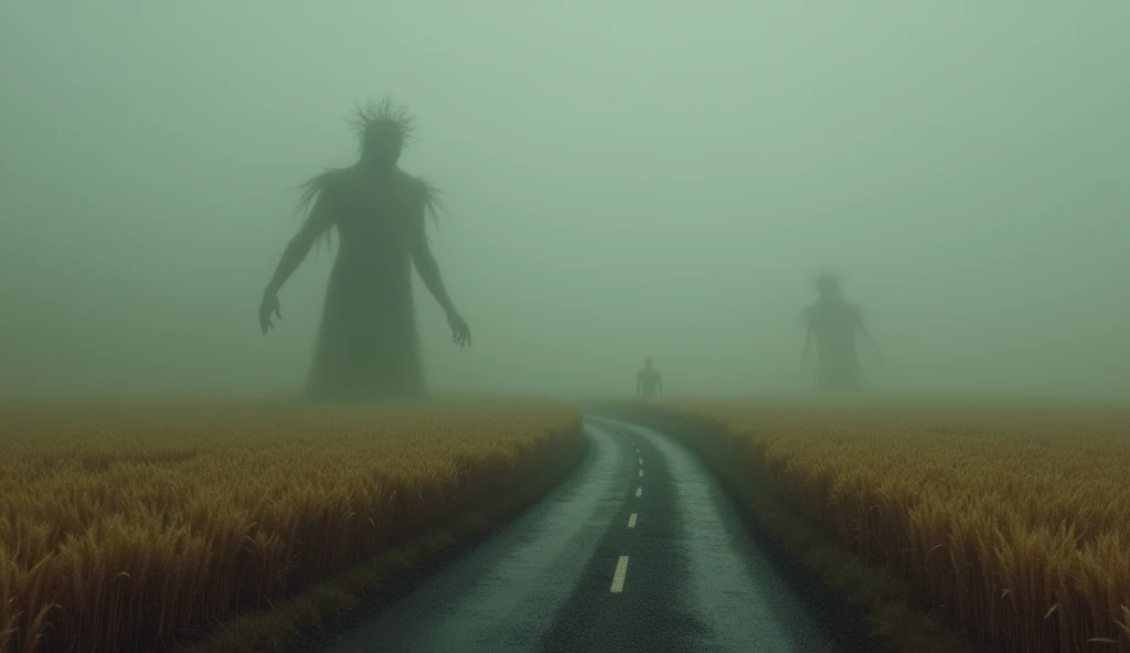a winding road running through a foggy wheat field with blurred shadows of huge non-humanoid figures in the background, gloomy day