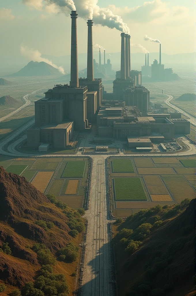 Images of factories and state-run farmlands.  