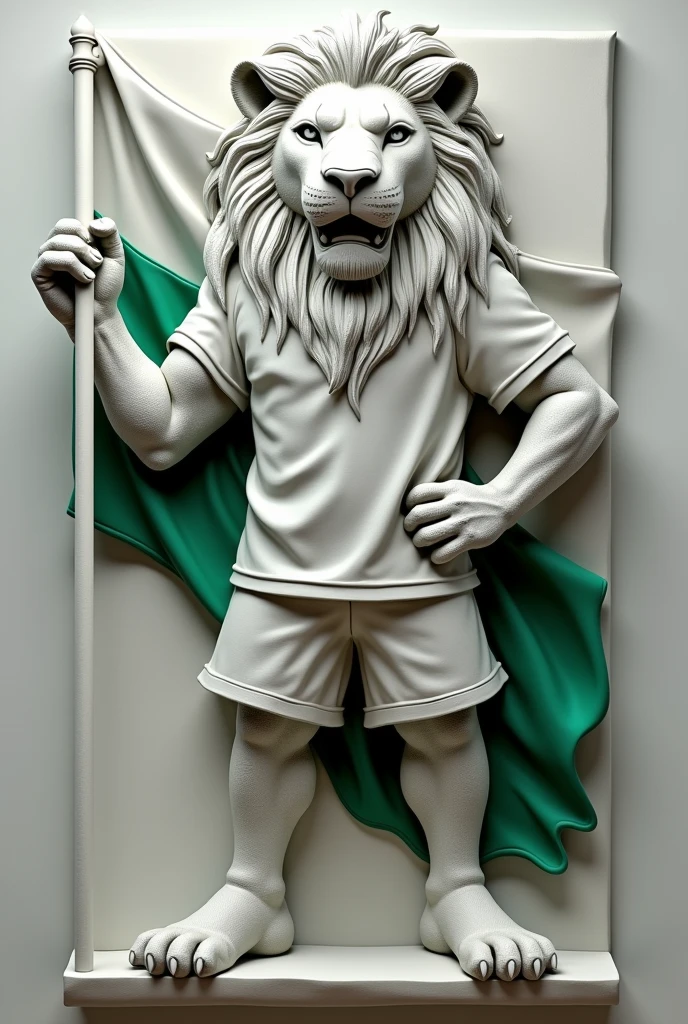 High relief lion in sportswear holding a white and green soccer flag