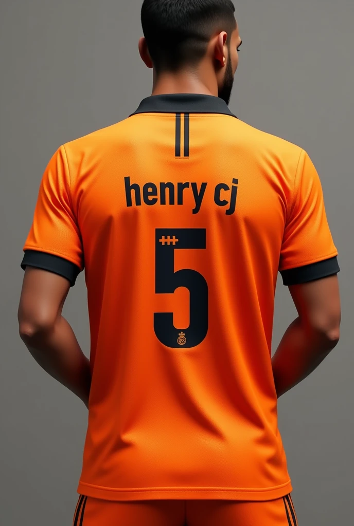 Real Madrid orange polo shirt, just the polo shirt, no people and a mannequin with the number 5 with the name HENRY CJ as realistic as possible on the back with a black collar and the sleeve, the name HENRY CJ without the mannequin



