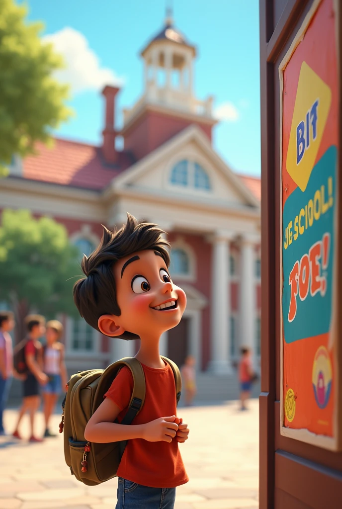 Animated boy arriving at school looking at a poster