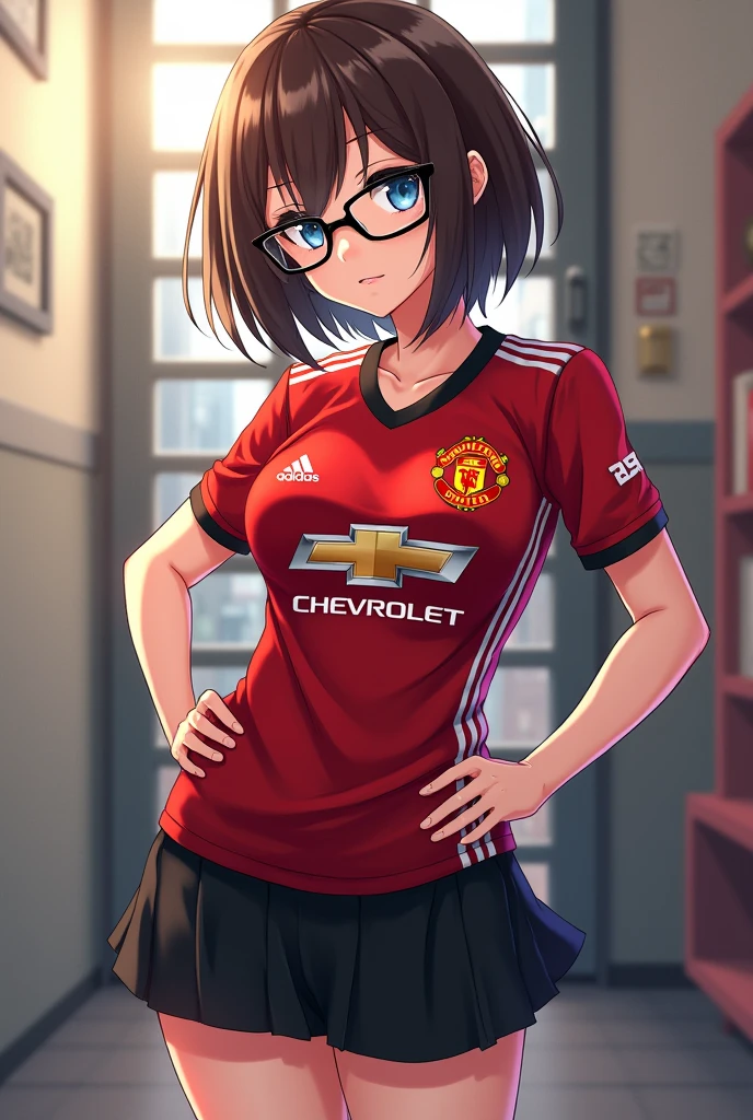 anime girl, with black glasses, short brown hair, blue eyes, beautiful face, a short black skirt, voluptuous, and a Cristiano Ronaldo shirt from Manchester United