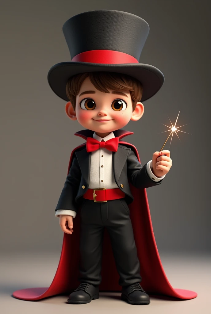 (boy with asymmetrical face, eyes and brown hair), he is dressed as a magician with: black pants, red bow tie, black cape, white shirt with a red band on his stomach, black magician's top hat on his head with a red band (smiling and with a magic wand in hand), developer, facing us, 3d rendering, pixar style, (detailed digital art), stylized 3d rendering, c4d, (full height), high quality, composition, masterpiece, art station, background solid