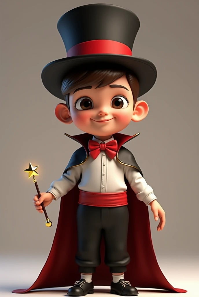 (boy with asymmetrical face, eyes and brown hair), he is dressed as a magician with: black pants, red bow tie, black cape, white shirt with a red band on his stomach, black magician's top hat on his head with a red band (smiling and with a magic wand in hand), developer, facing us, 3d rendering, pixar style, (detailed digital art), stylized 3d rendering, c4d, (full height), high quality, composition, masterpiece, art station, background solid