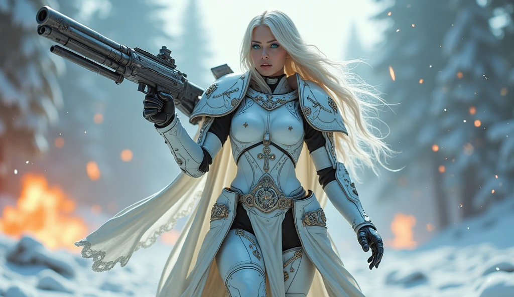 a beautiful woman with long platinum blonde hair, porcelain skin, ice blue eyes, sexy sisters of battle from the warhammer 40k, shooting at the enemy, rwhite space marine armor with intricate details, religous symbols on the armor, sisters of battle, warhammer 40k, Massive silicone breast, pale skin, seductive, temptation, eat your soul, clevage, , standing in a magical winter wonderland with snow-covered trees and frozen lakes, intricate ice crystals and snowflakes surrounding her, (best quality,4k,8k,highres,masterpiece:1.2),ultra-detailed,(realistic,photorealistic,photo-realistic:1.37),fantasy,digital art,cinematic lighting, highly detailed armor, intricate futuristic weaponry, gritty and realistic, mecha, science fiction, hyper-detailed, photorealistic, award winning digital art, 8k, HDR, masters work, in the middle of a battle field, full body combat action pose, explosions and fire around, full war, stunning, Stilleto heels, high heels, full body pose, cinematic, dust and debree, combat screams, attacking, shooting at the enemy, sisters of battle, warhammer 40kdramatic color palette,frozen landscape,ice powers,snow queen