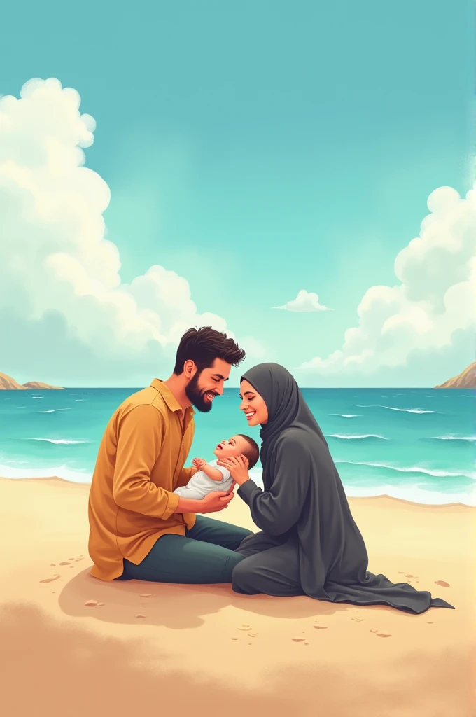Cute couples on beach with a 2 happy family, muslim turkish