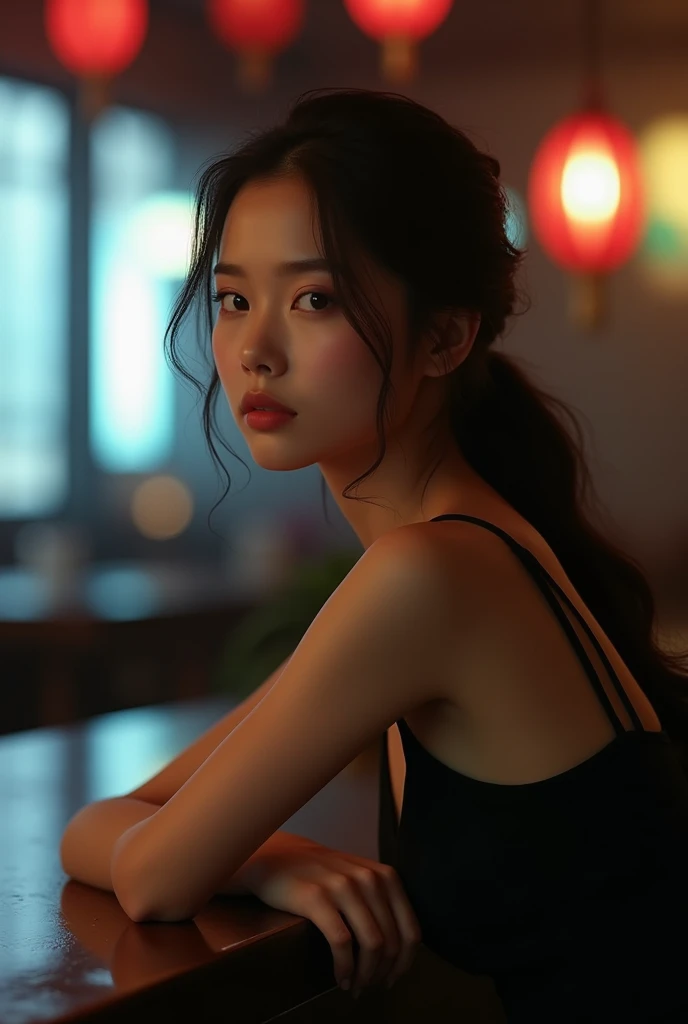 profile face of a beautiful asian woman 2 in black clothes loose hair sitting at a bar table