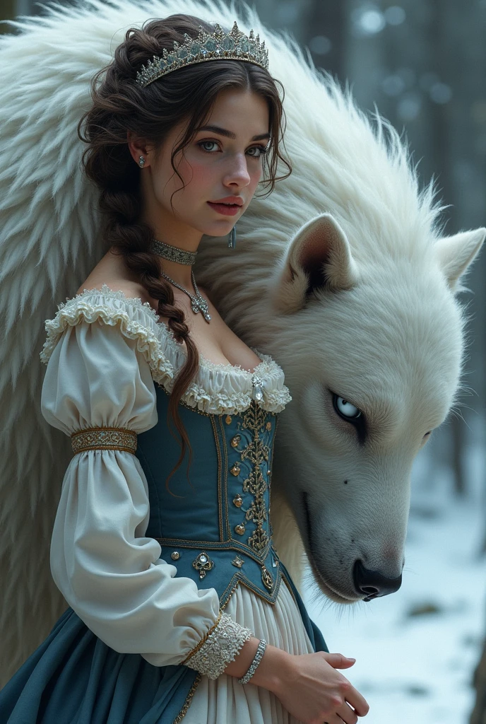 One with brown eyes, brown hair. She is a royalty from the 1800s. she's a princess. And on a certain day, she was hurt and injured, with his clothes torn. And next to her, there was a snow beast (white with sharp, white eyes) and hairy hairs