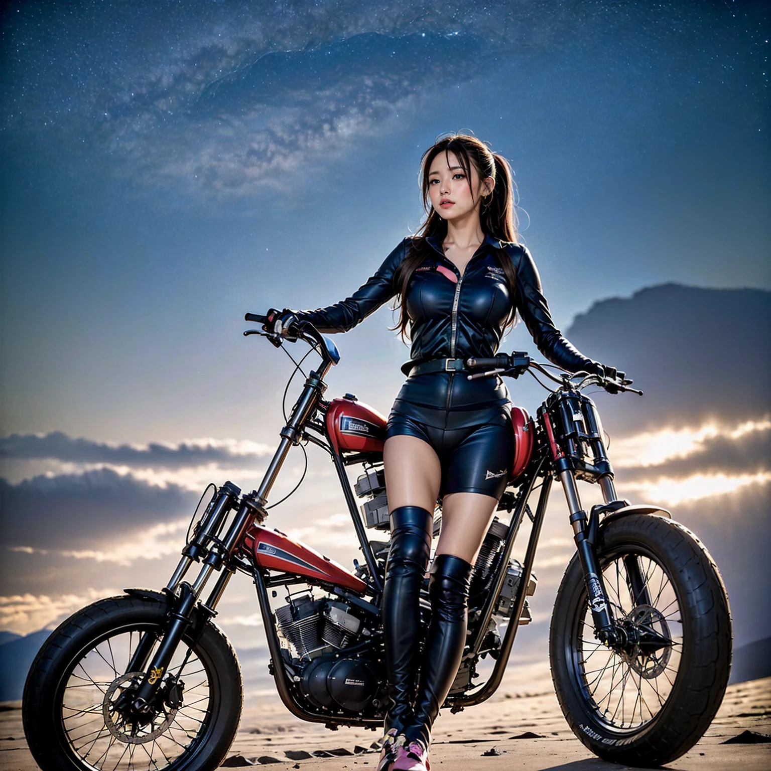 anna_girl, (Late Night, dark sky, star), break, (She drives a large off-road bike, (Harley-Davidson XR750), (vivid pink high-leg micro bikini)), (Beautiful young female rider), (Short gloves, knee-high boots), break, (Black wavy semi-long hair, ponytail), (Beautiful hands and feet), break, Beautiful skyline, Vast grassland, dramatic photograph, dynamic visual effects, (Fantasy art), break, (1 screen), (Highest quality, 4K, 8k,High resolution), Very detailed, (Realistic photograph:1.3), (Perfect Anatomy), (Perfect finger to thumb ratio), (Symmetrical eye), break, starry sky