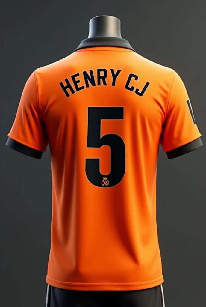 Real Madrid orange polo shirt, just the polo shirt, no people and a mannequin with the number 5 with the name HENRY CJ as realistic as possible on the back with a black collar and the sleeve, the name HENRY CJ without the mannequin, just the polo shirt.





