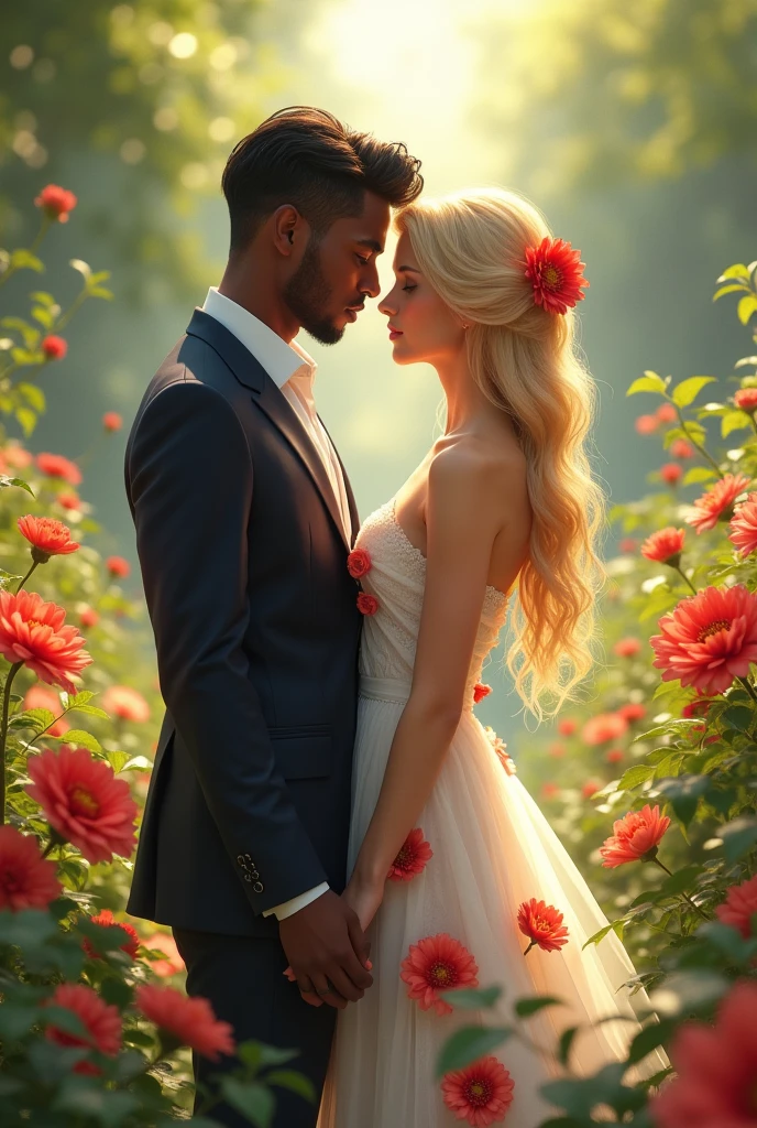 couple,  blonde in a white dress with red flowers dating a black man in formal wear and a white blouse in the middle of a flower garden doing , black man in the snow 