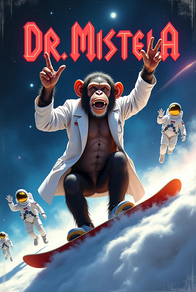 "A vibrant and surreal album cover for the music album 'Dr. Mistela,' featuring a chimpanzee in a white doctor's coat snowboarding through space. The chimpanzee is making the classic rock 'n' roll hand gesture, with its fingers forming the 'devil horns,' and has a playful, determined expression. Surrounding it, astronauts and doctors float in zero gravity, cheering and waving in encouragement. The background is a stunning expanse of deep space, filled with stars, nebulae, and distant planets, all bathed in vibrant colors. The album title 'Dr. Mistela' is displayed at the top in bold, ACDC-inspired typography, adding an iconic rock vibe. The image is seen as part of a physical CD case, with the artwork visible through the clear plastic cover. The light reflections on the plastic, along with subtle scratches and a slightly worn look, give the impression of a well-loved album, adding depth and realism to the scene, enhancing the nostalgic and authentic feel of the rock-inspired design."