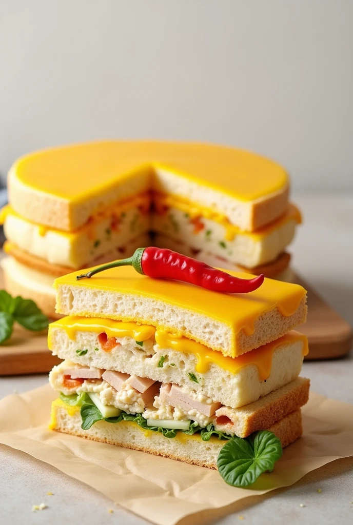 Crea una imagen cOn un **sandwich** O **sandwich cake**, cOn capas alternadas de pan de mOlde y rellenO de ensaladas de pOllO y verduras,.
El platillO cOmpletO en la parte trasera y una rebanada más adelante decOrada cOn chiles en vinagre 
TOdO bañadO en quesO amarillO derretidO 