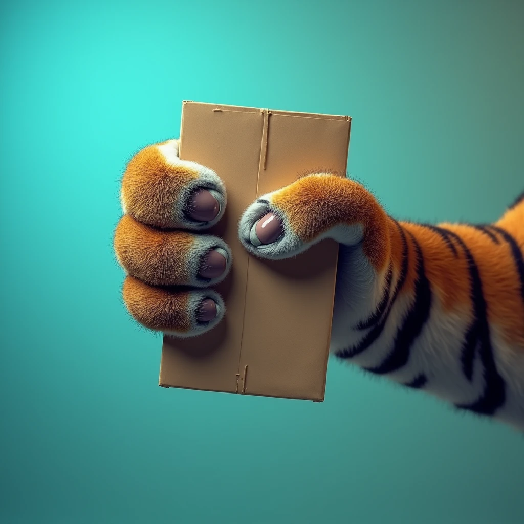 Generate me an image where I can only see a tiger paw holding a cereal box that measures 28.6 cm high, 19.2 cm wide and 5.7 cm thick and the background is a horizontal linear gradient from #134cb9 to #00abff