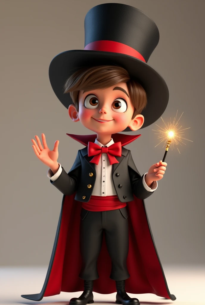 (boy with asymmetrical face, eyes and brown hair), he is dressed as a magician with: black pants, red bow tie, black cape, white shirt with a red band on his stomach, black magician's top hat on his head with a red band (smiling and with a magic wand in hand), developer, facing us, 3d rendering, pixar style, (detailed digital art), stylized 3d rendering, c4d, (full height), high quality, composition, masterpiece, art station, background solid