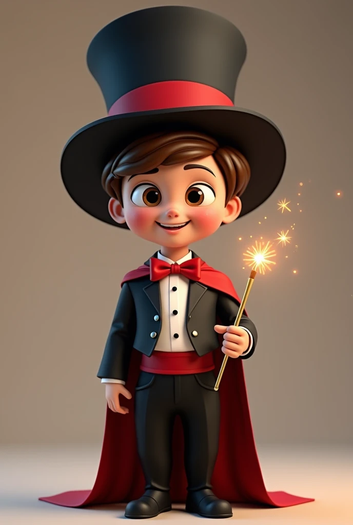 (boy with asymmetrical face, eyes and brown hair), he is dressed as a magician with: black pants, red bow tie, black cape, white shirt with a red band on his stomach, black magician's top hat on his head with a red band (smiling and with a magic wand in hand), developer, facing us, 3d rendering, pixar style, (detailed digital art), stylized 3d rendering, c4d, (full height), high quality, composition, masterpiece, art station, background solid