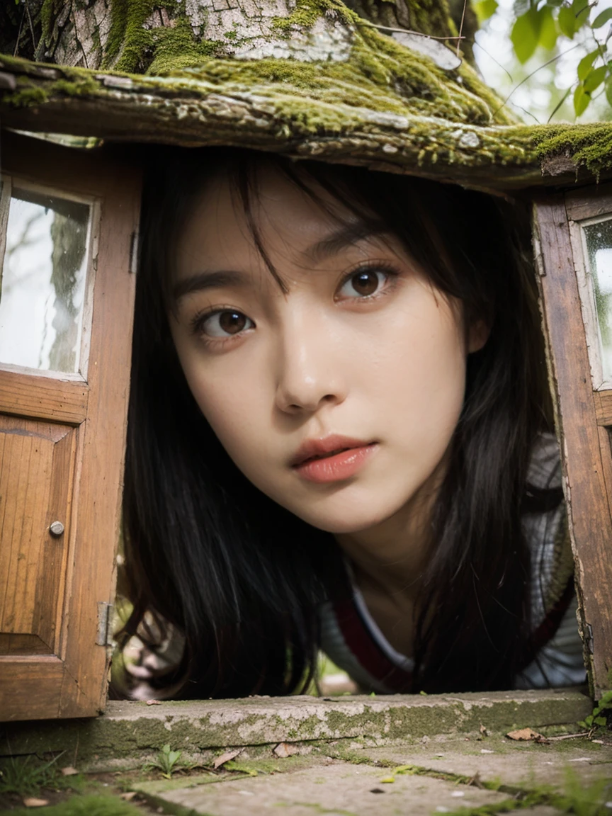 ((Top Quality)), ((Masterpiece)), ((Details)), upper body, (big eyes: 1.2), ((close-up: 1.2)), More Saturation, strong reflections, bright shade, Place the girl in the foreground at large, ((Surrealism: 1.3)), secret door, guard dog, owl, girl, "In the heart of an overgrown forest, a girl discovers a secret door hidden within the roots of an ancient tree. A vigilant watchdog guards the entrance, while an owl perches silently above, its keen eyes reflecting the mysteries beyond the door."